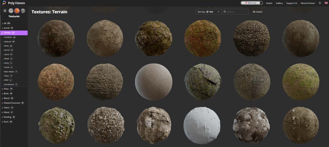 screenshot of the poly haven site showing some terrain textures